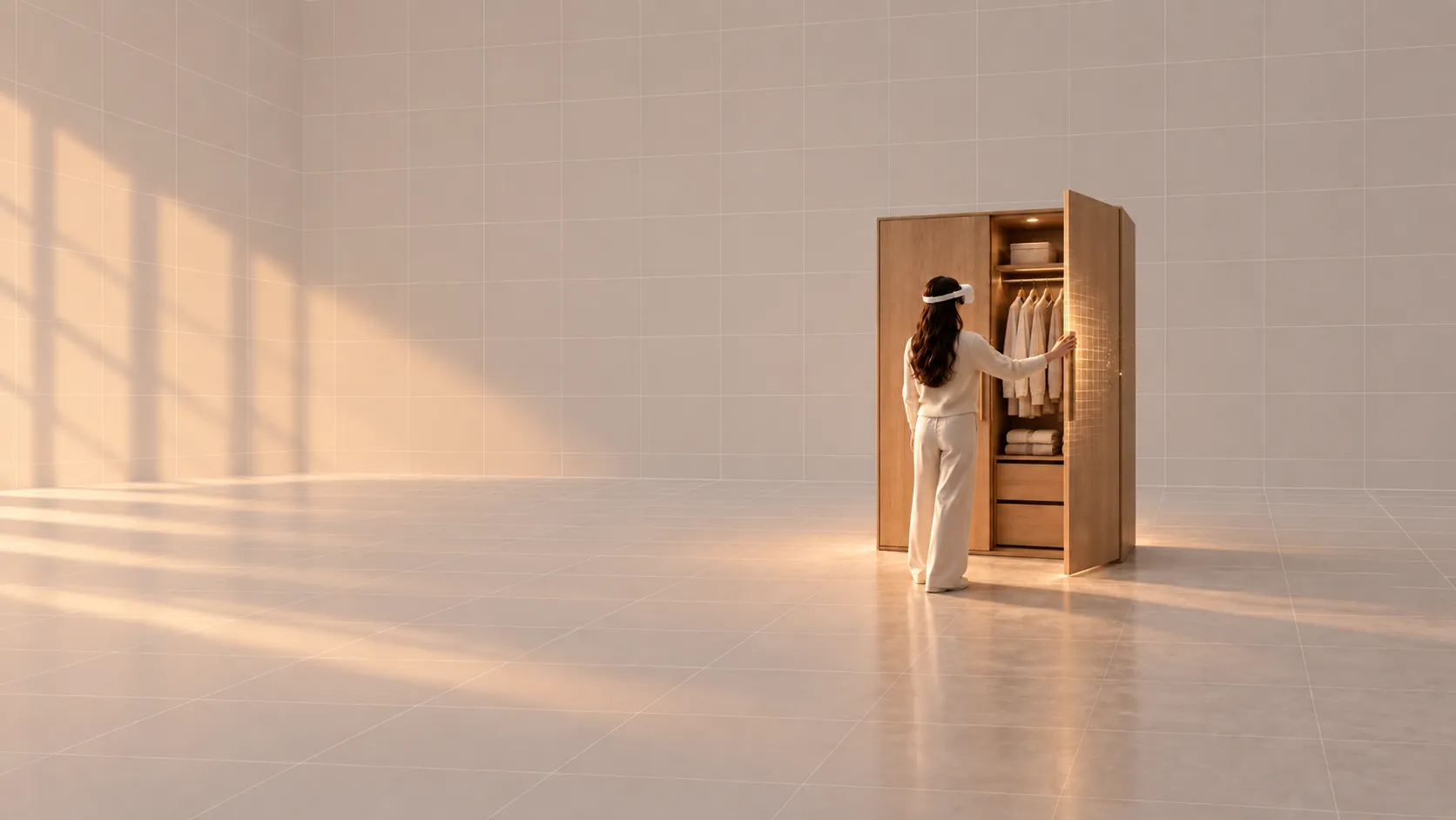 A person in a headset opening a full-height oak wardrobe, previewed at full scale before it was built