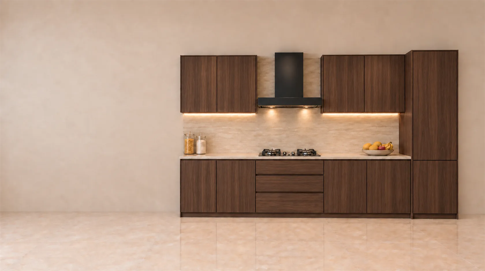 The same kitchen shown in a dark walnut finish, swapped live in the preview