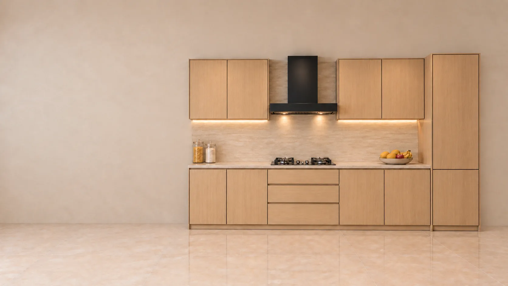 A finished modular kitchen run in light oak with a stone splashback and a black hood