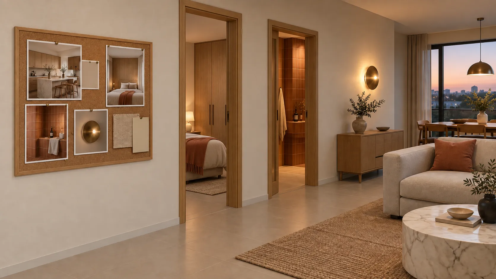 A board of finishes and swatches becoming a finished bedroom and bathroom