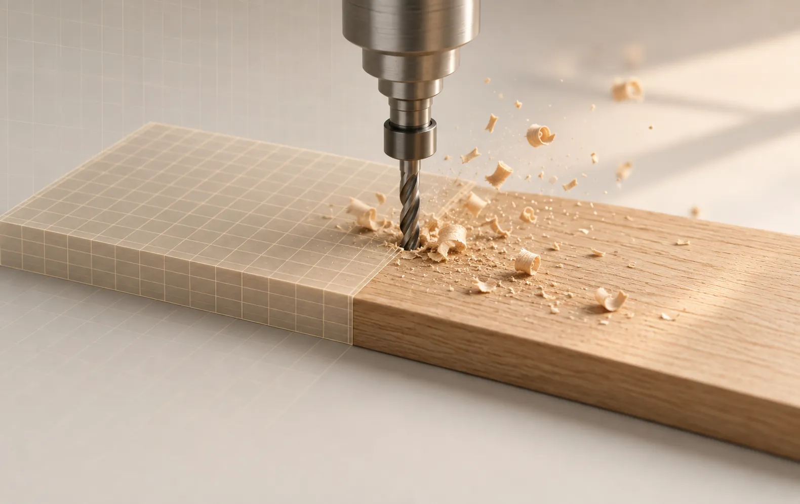 An oak door slab being cut on a CNC machine during fabrication