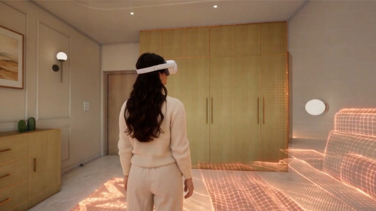 A person in a headset standing inside the full-scale walkable model of a bedroom, the wardrobe finished and the bed still being drawn in light