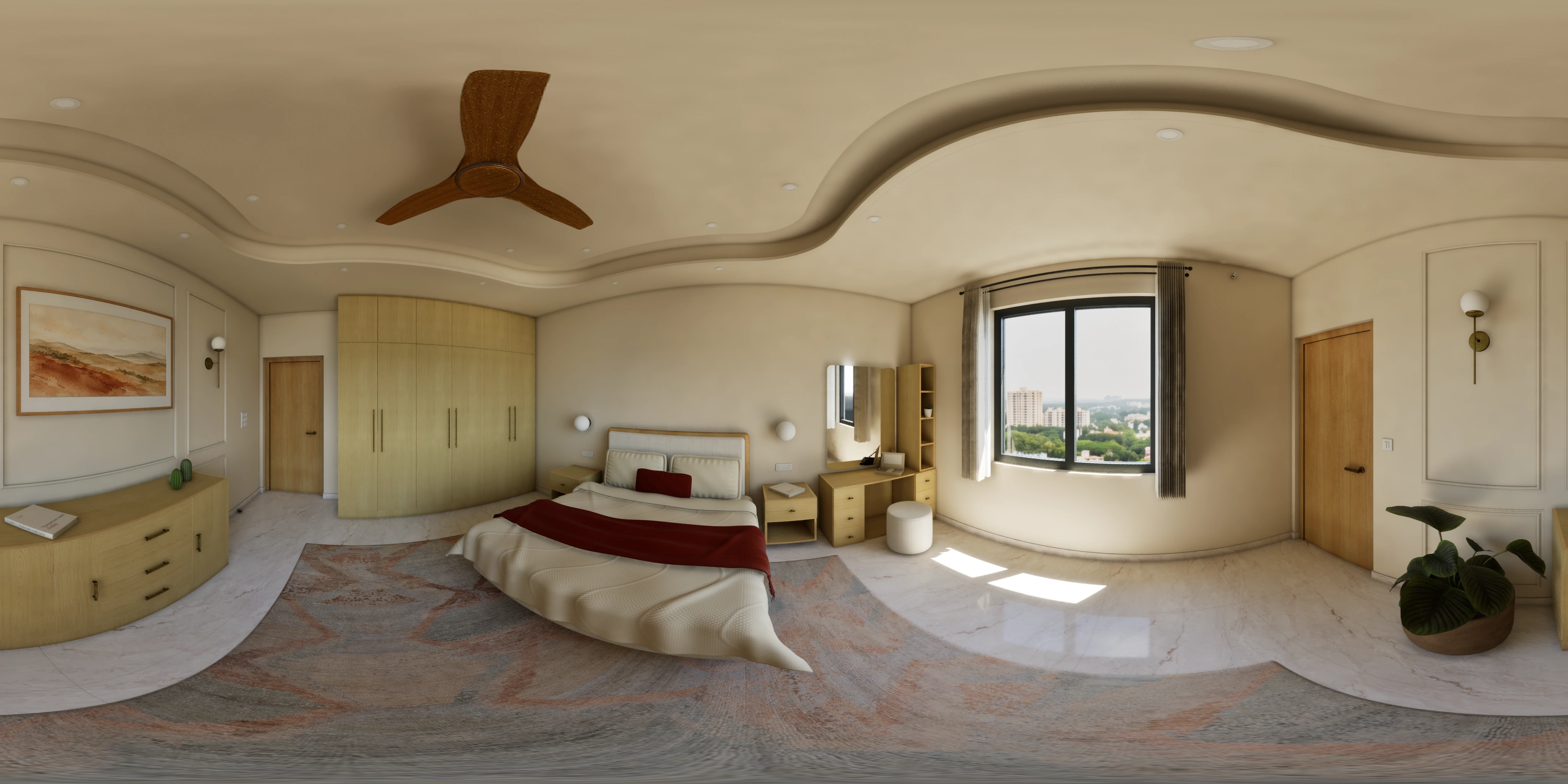 360° panorama of the studio master bedroom at 2pm