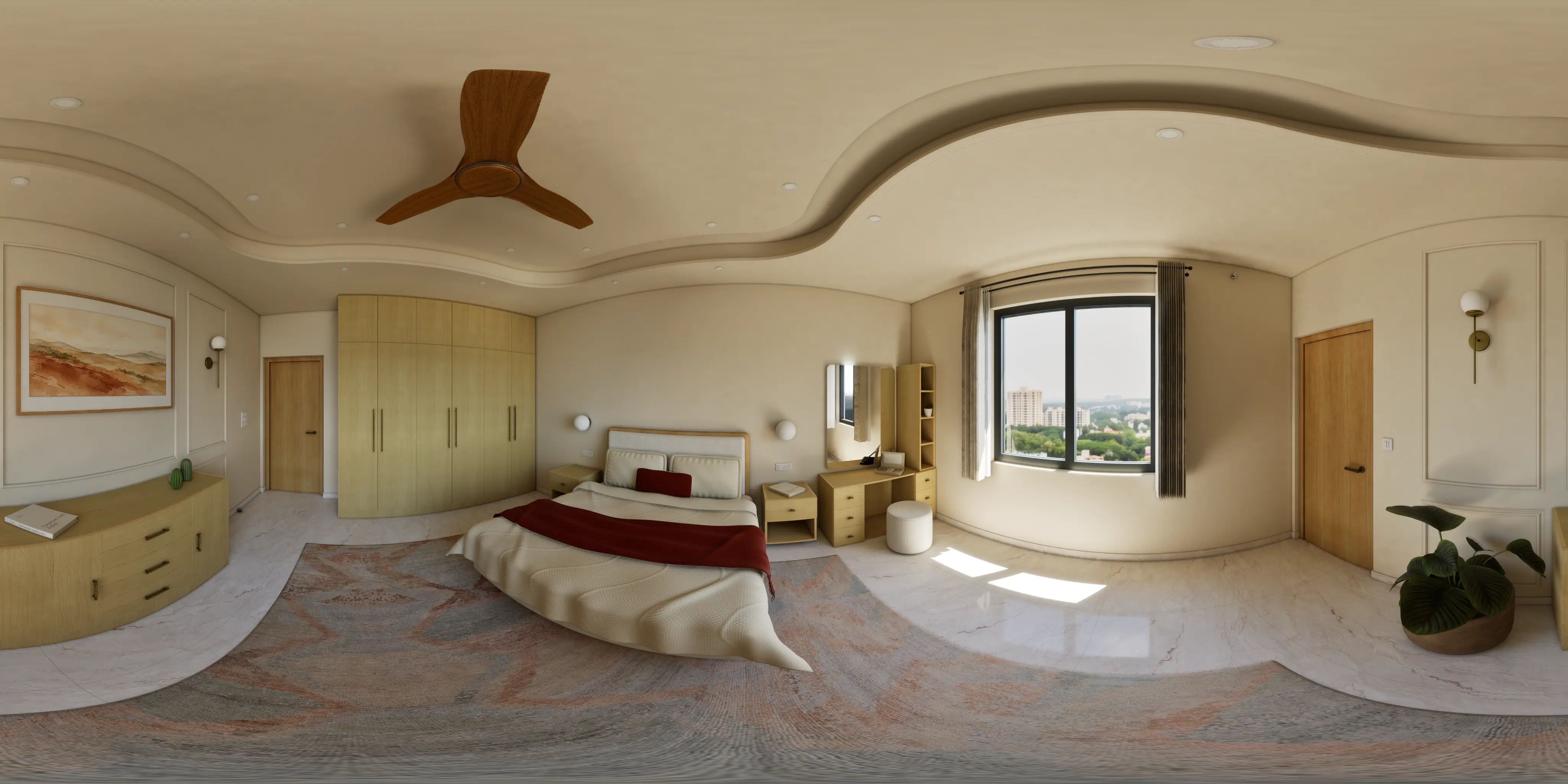 360° panorama of the studio master bedroom at 2pm